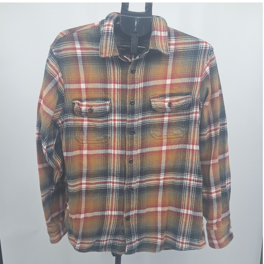 Orvis Classic Collection Mens Plaid Flannel Shirt Jacket Orange Brown Gorpcore
